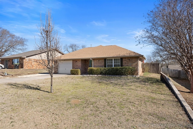 single story home with a garage, concrete driveway, fence, a front lawn, and brick siding