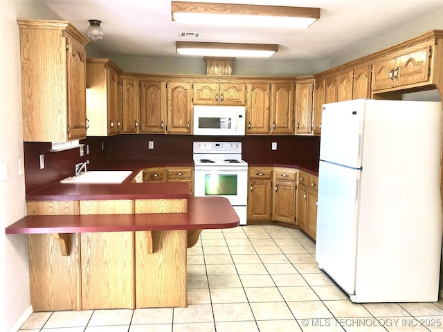 kitchen featuring light tile patterned floors, a peninsula, white appliances, a sink, and visible vents