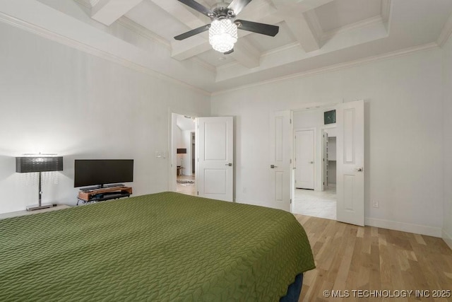 unfurnished bedroom featuring coffered ceiling, baseboards, light wood-style floors, beamed ceiling, and crown molding