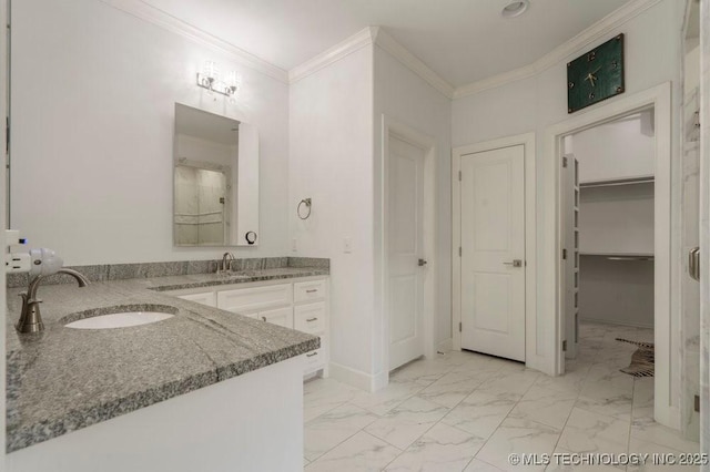 full bath featuring ornamental molding, marble finish floor, vanity, and baseboards