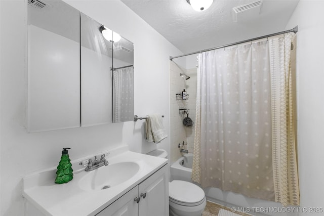 full bathroom featuring visible vents, shower / bathtub combination with curtain, toilet, a textured ceiling, and vanity