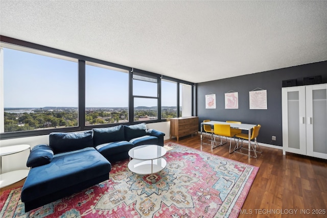 living room with a textured ceiling, wood finished floors, and baseboards