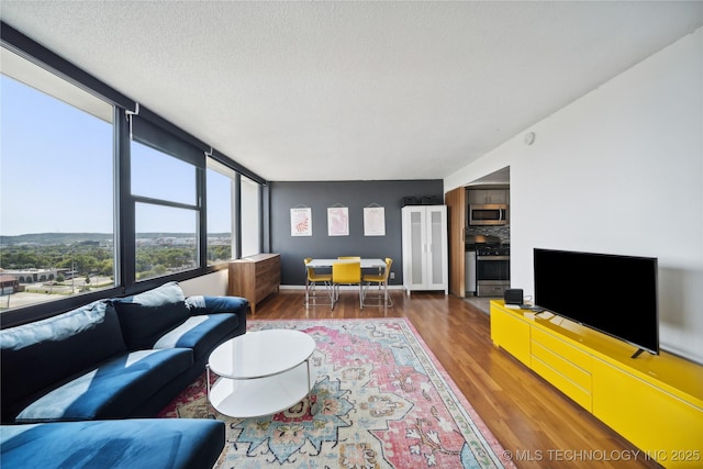 living area with a textured ceiling, baseboards, and wood finished floors