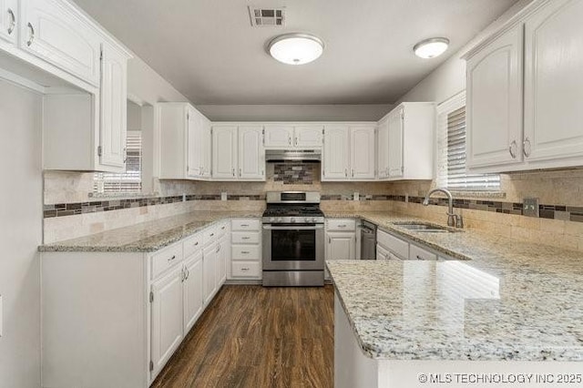 kitchen with stainless steel appliances, visible vents, a sink, light stone countertops, and under cabinet range hood