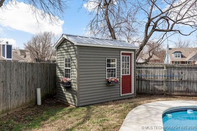 view of shed with a fenced backyard and a fenced in pool