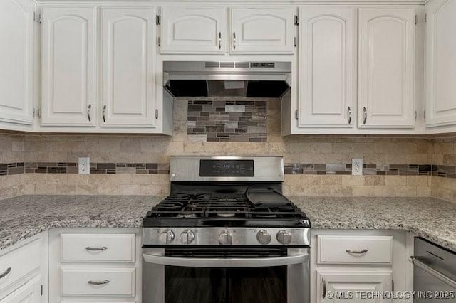 kitchen with stainless steel appliances, white cabinetry, ventilation hood, and tasteful backsplash