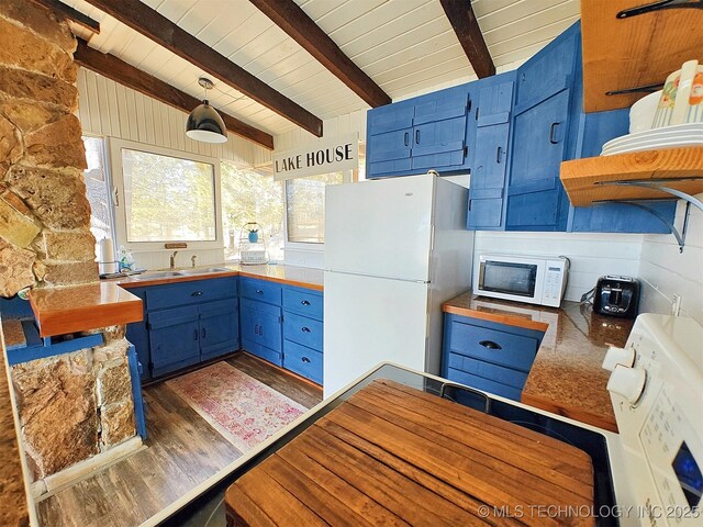 kitchen featuring blue cabinetry, lofted ceiling with beams, wood ceiling, wood finished floors, and white appliances