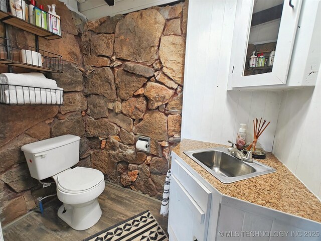 half bath featuring toilet, wood finished floors, and vanity