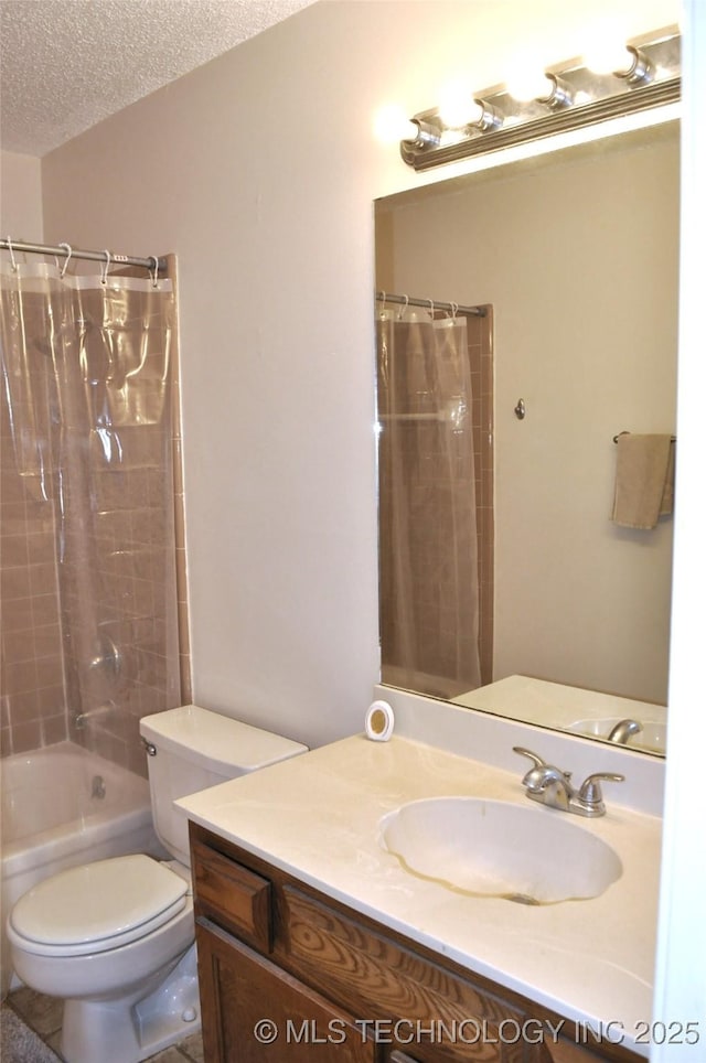 full bathroom with toilet, shower / tub combo, a textured ceiling, and vanity