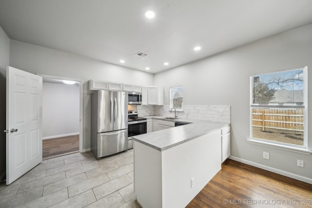 kitchen featuring tasteful backsplash, white cabinets, a peninsula, stainless steel appliances, and a sink