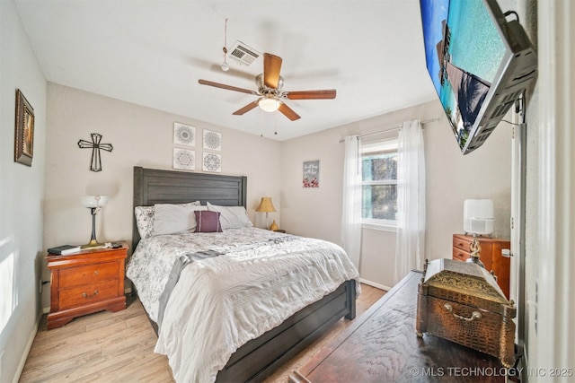 bedroom featuring ceiling fan, light wood-type flooring, and visible vents