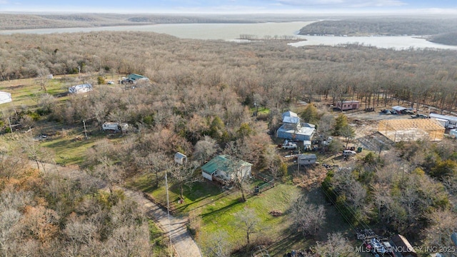 aerial view with a water view and a view of trees