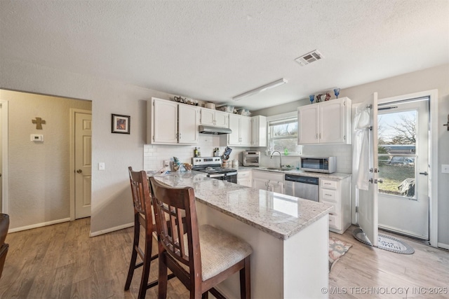 kitchen with visible vents, appliances with stainless steel finishes, white cabinetry, a sink, and under cabinet range hood