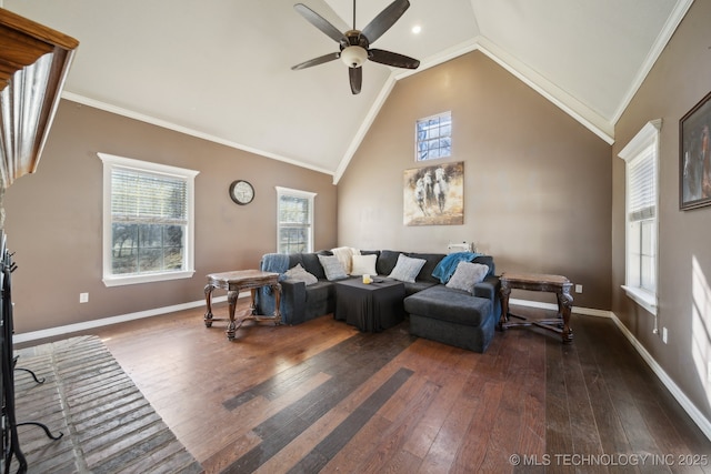 living room featuring high vaulted ceiling, dark wood finished floors, crown molding, and baseboards