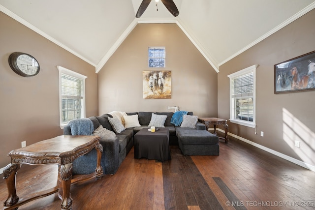 living area featuring ceiling fan, high vaulted ceiling, dark wood-type flooring, baseboards, and crown molding