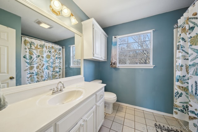 full bath with baseboards, visible vents, toilet, tile patterned floors, and vanity