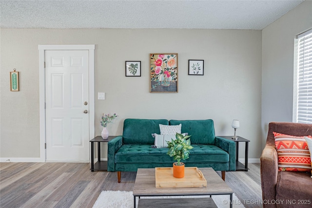 living area with a textured ceiling, baseboards, and wood finished floors