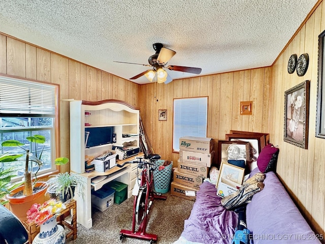 117 S Bluff Ave, Tahlequah, OK 74464 - carpeted office space with wood walls, a textured ceiling, and a ceiling fan