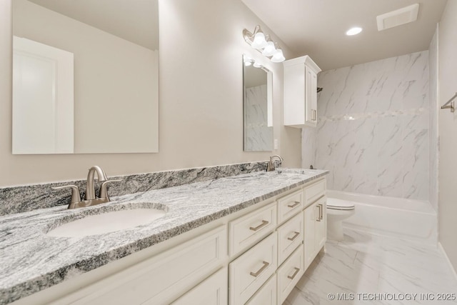 bathroom with recessed lighting, visible vents, a sink, and marble finish floor