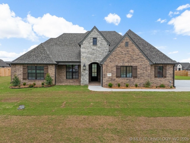 french country inspired facade with brick siding, roof with shingles, fence, and a front yard