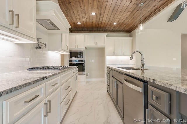 kitchen with premium range hood, recessed lighting, wood ceiling, a sink, and stainless steel appliances