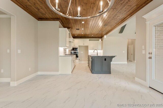 kitchen with wood ceiling, a sink, stainless steel appliances, recessed lighting, and white cabinetry