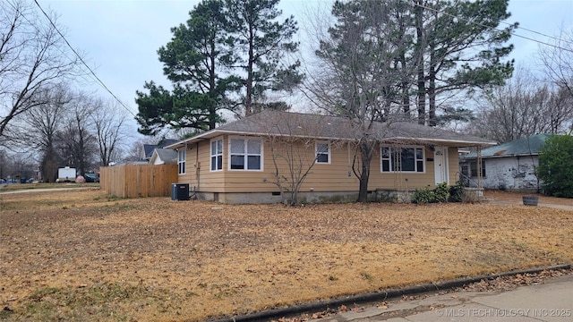 single story home featuring crawl space, fence, and central air condition unit