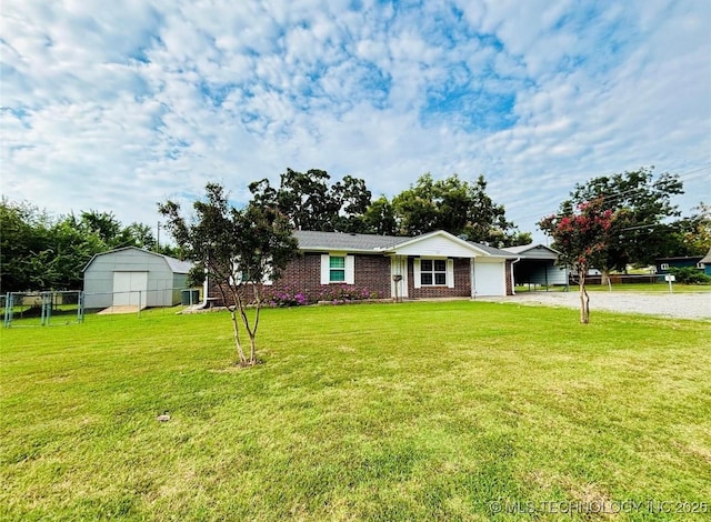 ranch-style home with a garage, gravel driveway, fence, a front lawn, and brick siding