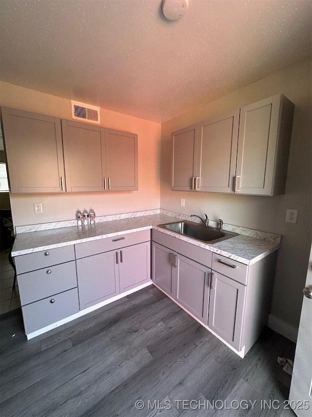 kitchen with visible vents, dark wood finished floors, gray cabinetry, a sink, and light countertops