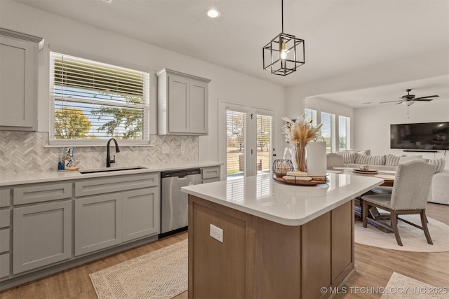 kitchen featuring a sink, gray cabinets, dishwasher, and open floor plan