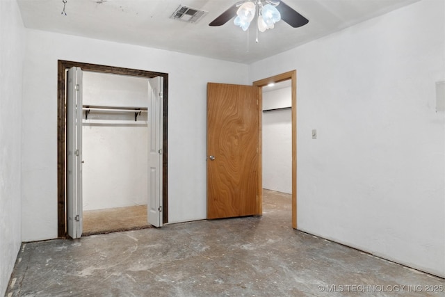 unfurnished bedroom with visible vents, a ceiling fan, a closet, and unfinished concrete floors