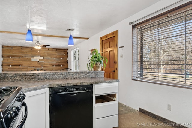 kitchen with visible vents, dark countertops, dishwasher, gas stove, and white cabinets
