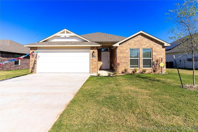 single story home featuring driveway, an attached garage, cooling unit, a front lawn, and brick siding