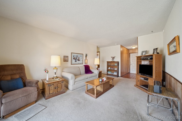 carpeted living area featuring wainscoting and a textured ceiling