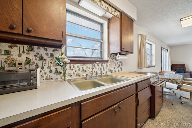 kitchen with a healthy amount of sunlight, a textured ceiling, light countertops, and a sink