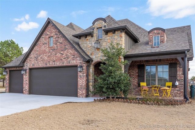 french country inspired facade featuring a garage, driveway, brick siding, and a shingled roof