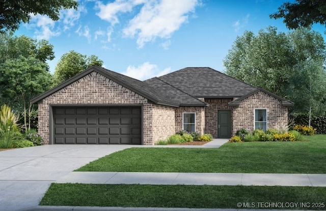 view of front of property with a garage, brick siding, a shingled roof, concrete driveway, and a front lawn