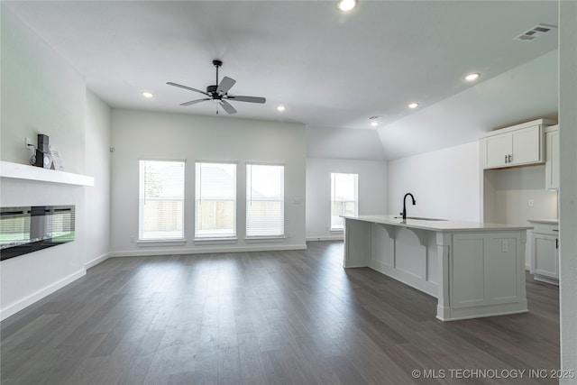 kitchen with dark wood-style floors, visible vents, open floor plan, a sink, and an island with sink