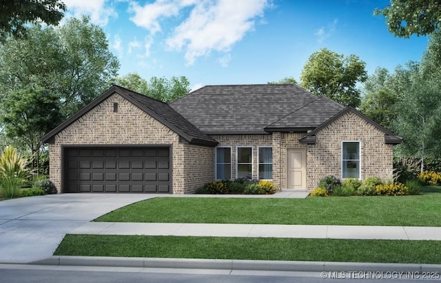 view of front of house featuring concrete driveway, roof with shingles, an attached garage, a front lawn, and brick siding