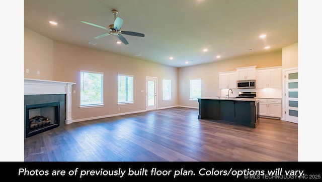 kitchen with white cabinets, open floor plan, wood finished floors, stainless steel appliances, and a fireplace