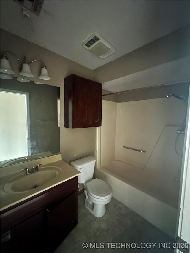 bathroom featuring toilet, shower / bathing tub combination, vanity, and visible vents