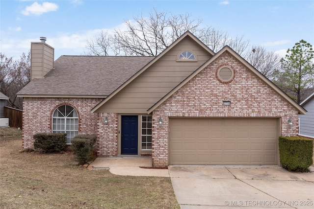 view of front facade with brick siding, roof with shingles, a chimney, concrete driveway, and an attached garage