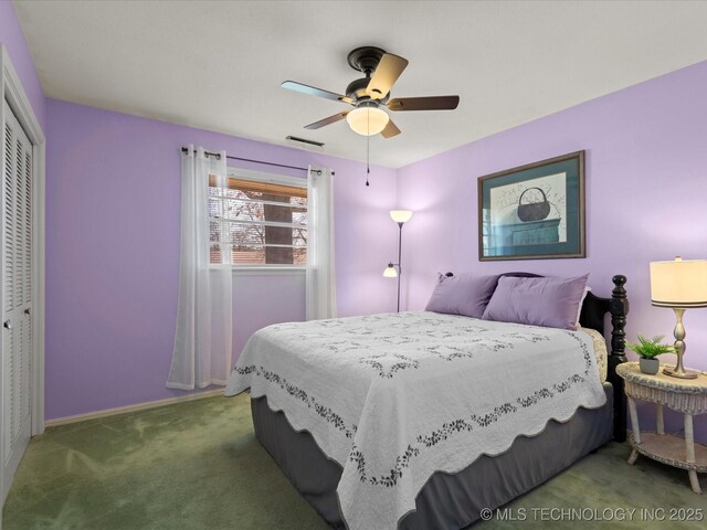 bedroom featuring a ceiling fan, visible vents, carpet, baseboards, and a closet