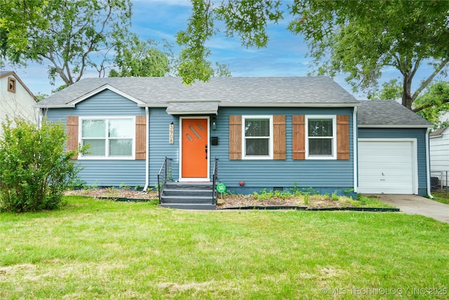 view of front of home with a garage, a front yard, concrete driveway, and a shingled roof
