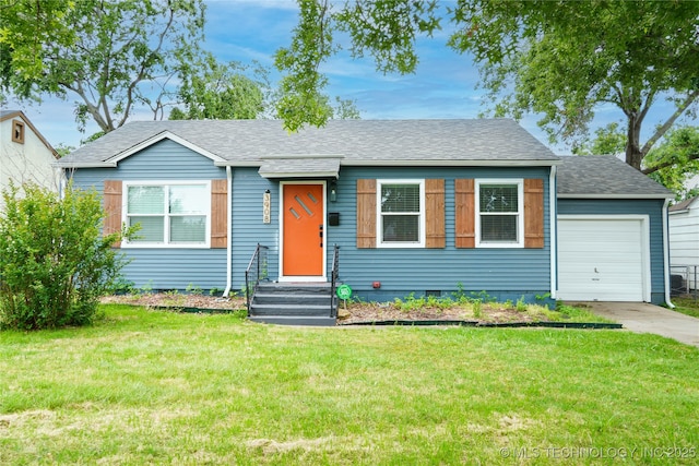 view of front of home with a garage, a front yard, concrete driveway, and a shingled roof