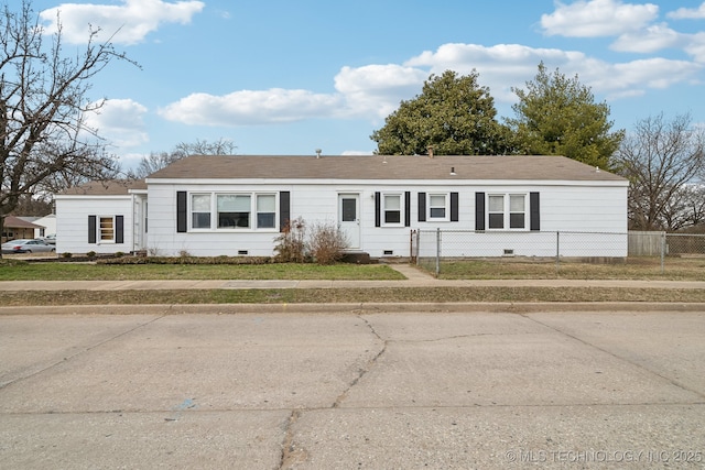 view of front of house with a fenced front yard and crawl space