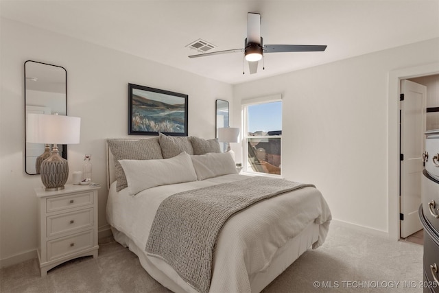 bedroom with a ceiling fan, light colored carpet, visible vents, and baseboards