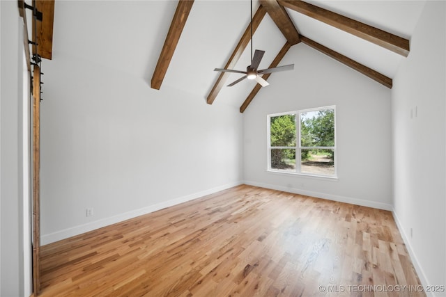 spare room with a ceiling fan, wood finished floors, high vaulted ceiling, beamed ceiling, and baseboards