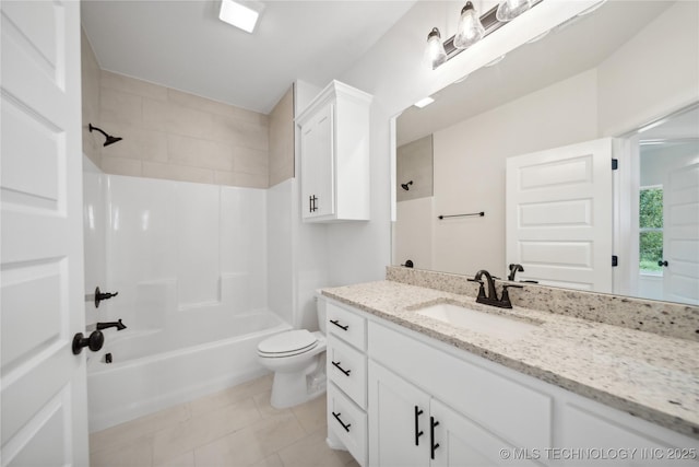 full bath featuring toilet, vanity, shower / washtub combination, and tile patterned floors