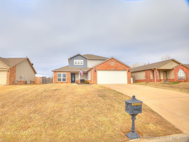 traditional-style house with a garage, brick siding, fence, driveway, and a front lawn